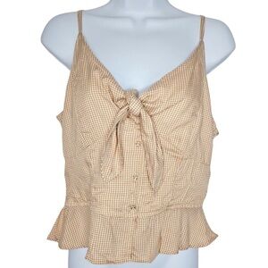 Japna Gingham Tan & White Peplum Tank Top